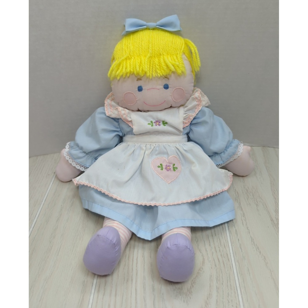 House of Hatten Plush rag doll blonde yarn hair blue dress white apron FLAW read